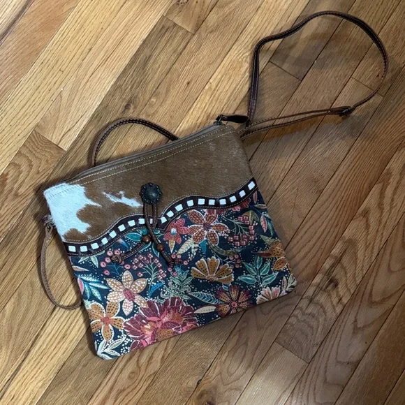 Myra Bag Floral Patterned Brown Leather Crossbody Bag - Picture 1 of 6